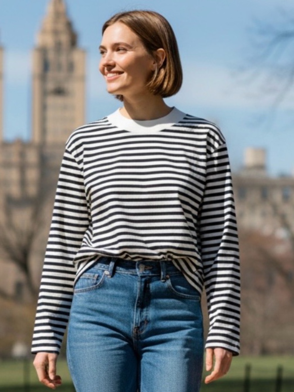 COS Striped Long-Sleeved Mock-Neck‎ Minimalist T-Shirt, Black/Light Cream Size S
